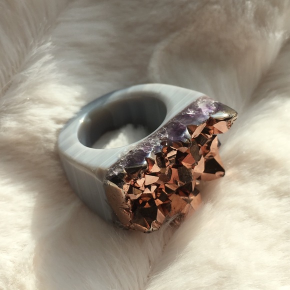RKNYC Jewelry - Artisan Carved Stone Amethyst Rose Gold Ring 7.5-8